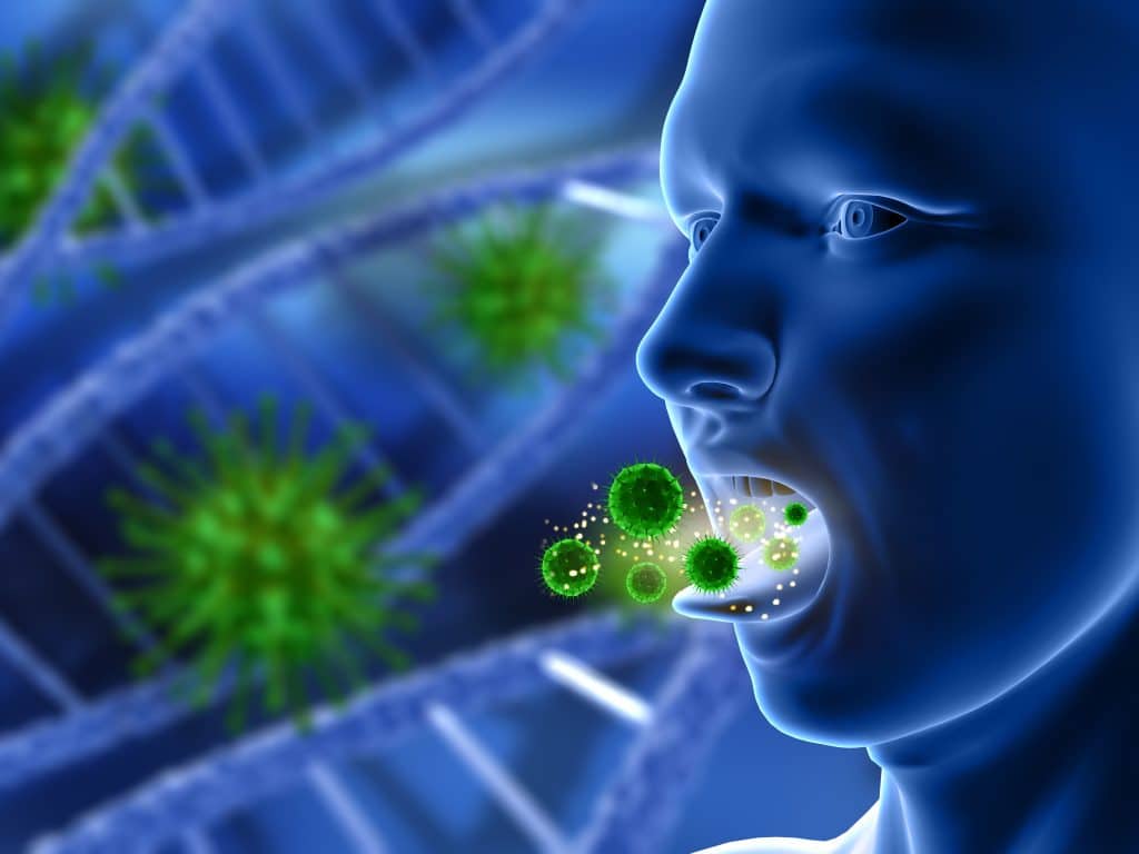 immagine 3D di alitosi: dalla bocca fuoriescono batteri